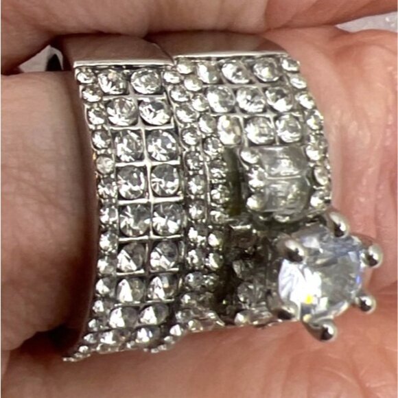 Wedding Ring Set Clear Cubic Zirconias Sz 8.5 27.3mm wide 9 rows Pave Cluster - Picture 7 of 12